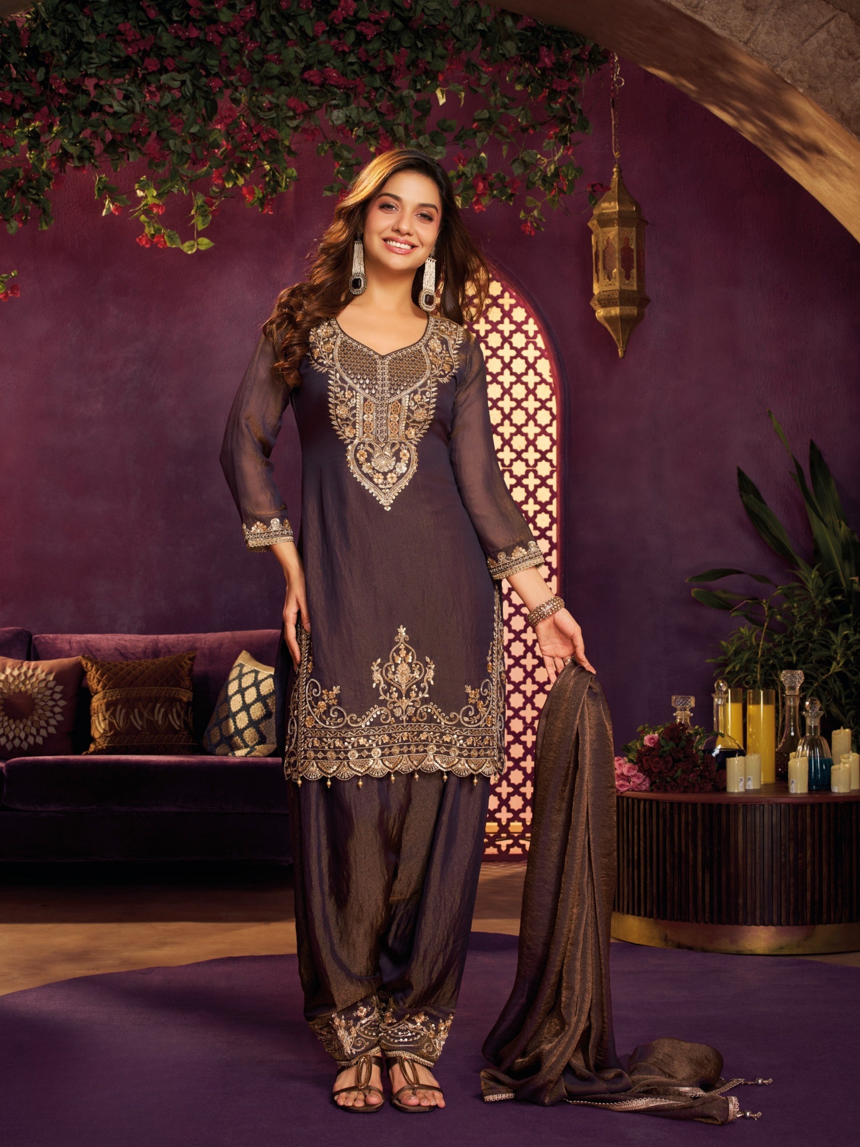 Navy Blue Tissue Suit, Farshi Salwar And Dupatta with Cutdana, Sequins and Zari Work